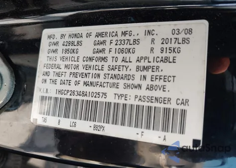 2008 Honda Accord 2.4 Lx z USA, uszkodzony, nr VIN 1HGCP26348A102575